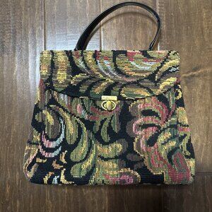 Vintage Cara Tan Multicolor Floral Chenille Upholstery Carpet Bag 12x11x4.5 EUC